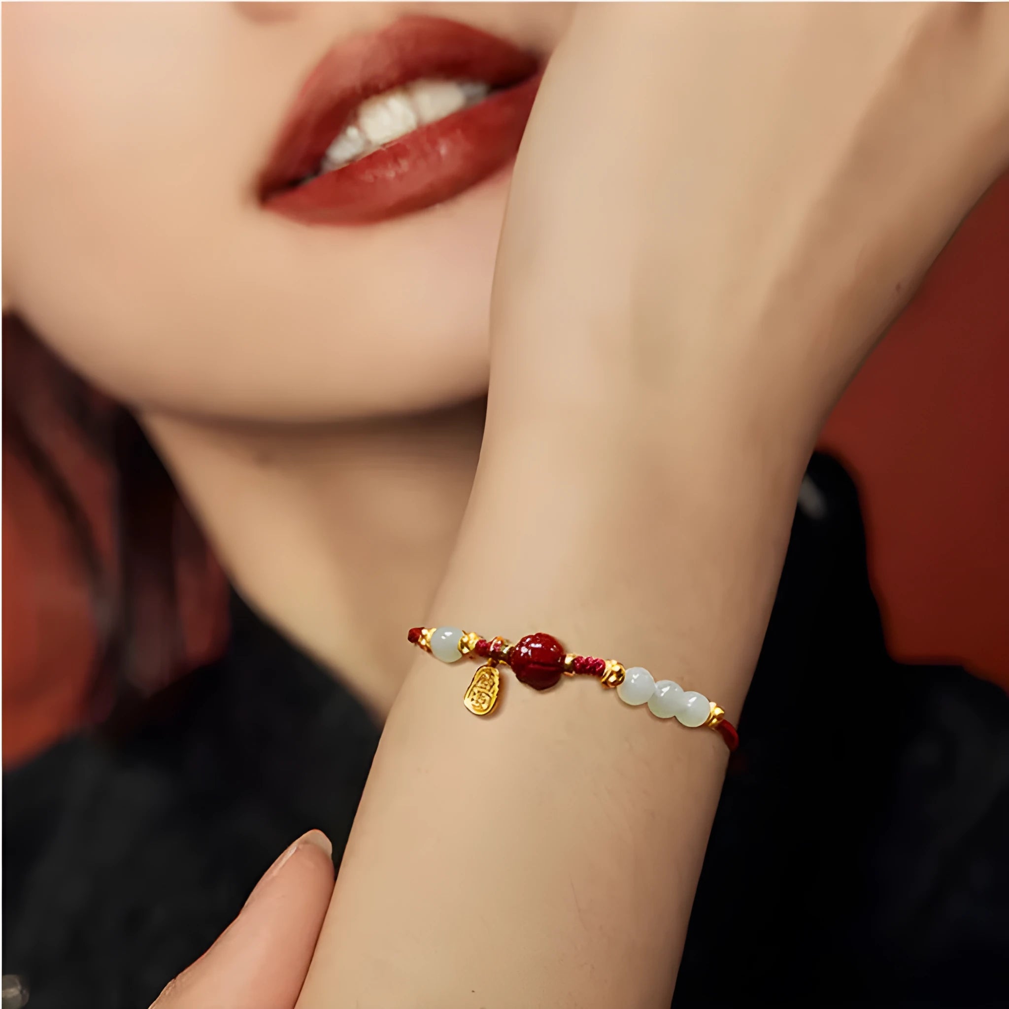 Women's adjustable bracelet with Hetian jade, cinnabar and red rope on 925 silver chain