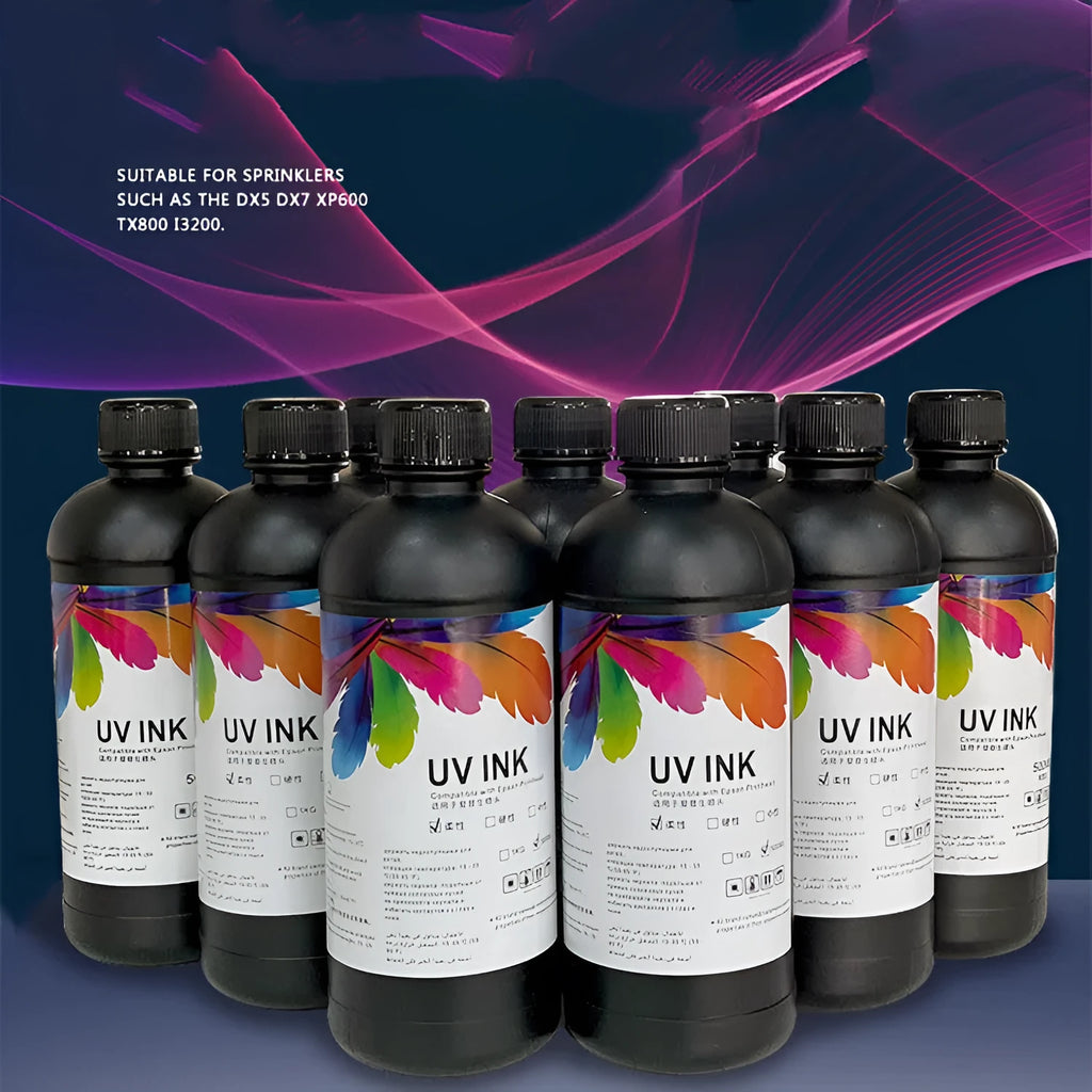 500ml bottle of UV printer ink for Epson XP600 and TX800 printheads in Black Cyan White and other colours