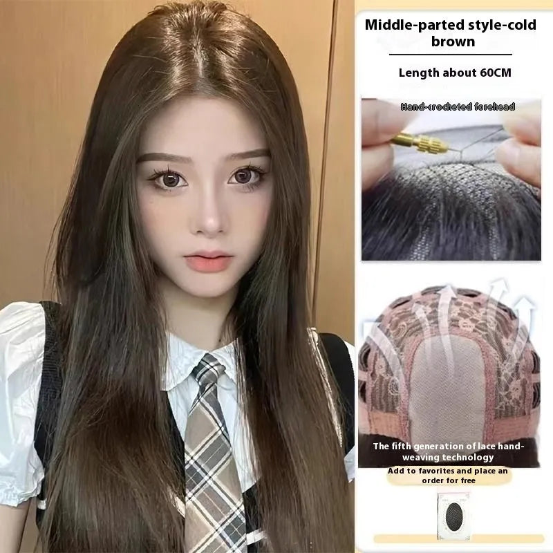 Forehead lace long straight full-head wig with side bangs in high temperature fibre material