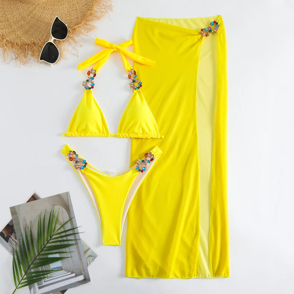 Light diamond pattern three-piece swimsuit bikini with long mesh skirt in rose red