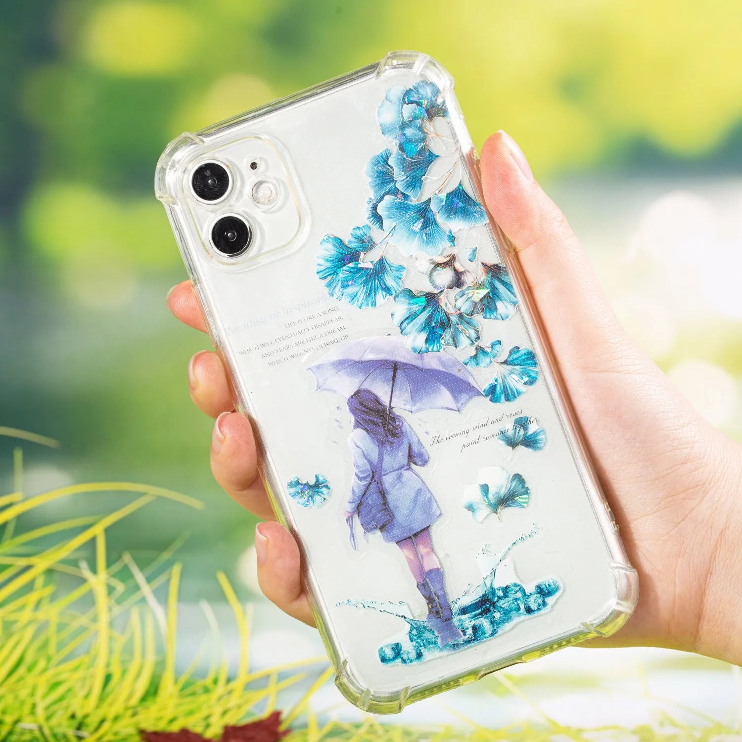 Roll of clear PET decorative stickers with repeating leaf patterns including ginkgo and maple designs.