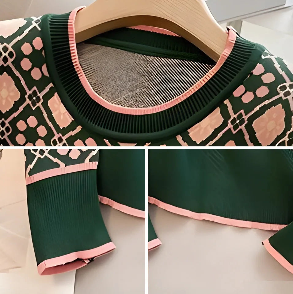 Green printed women's loose-fit sweater with regular sleeves for commuting wear
