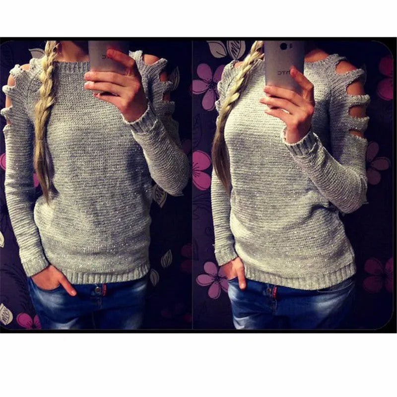 Women's solid colour crochet hollow-out knitted shirt with round neck and long sleeves