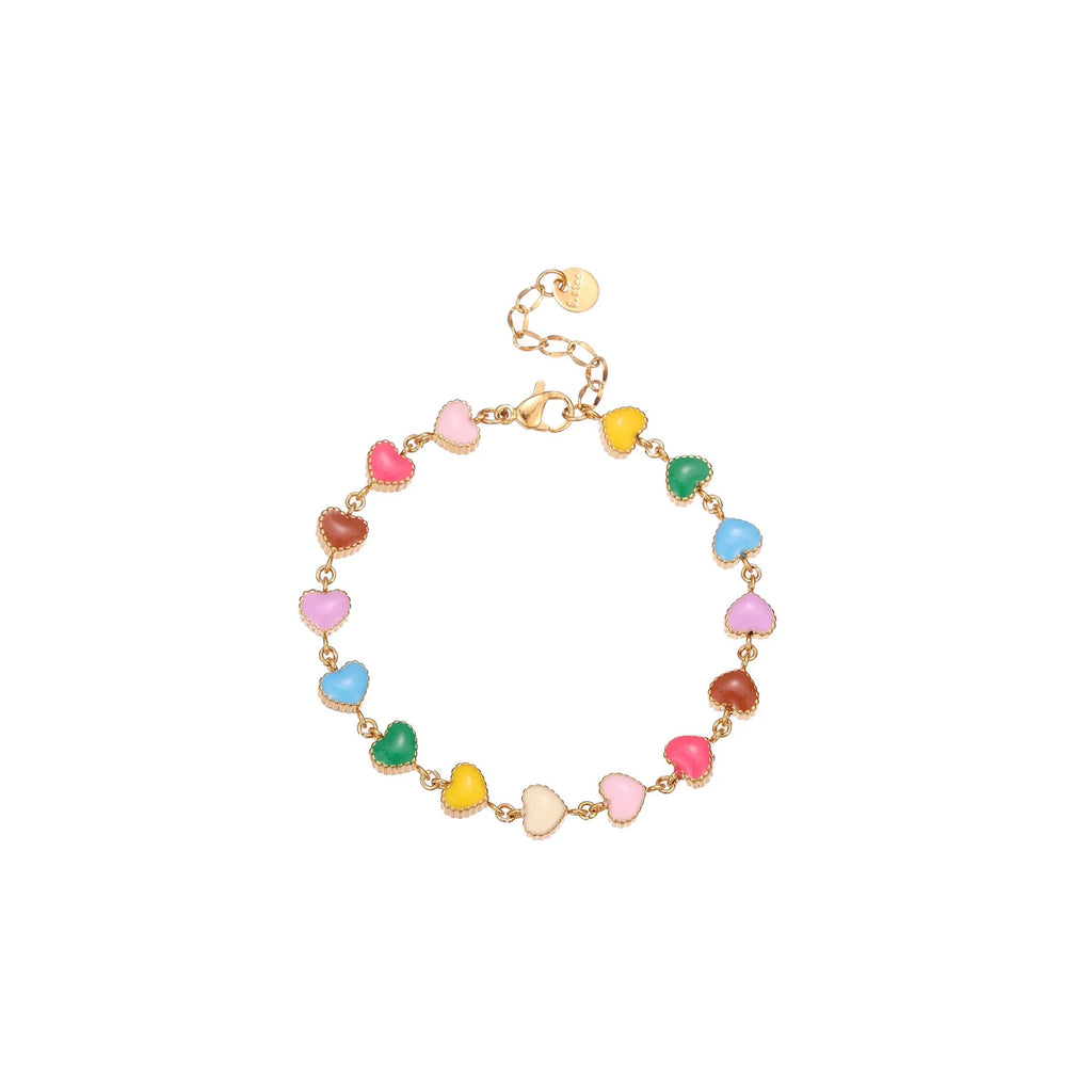 Women's stainless steel bracelet with love heart pendant featuring colourful oil finish in gold or steel colour
