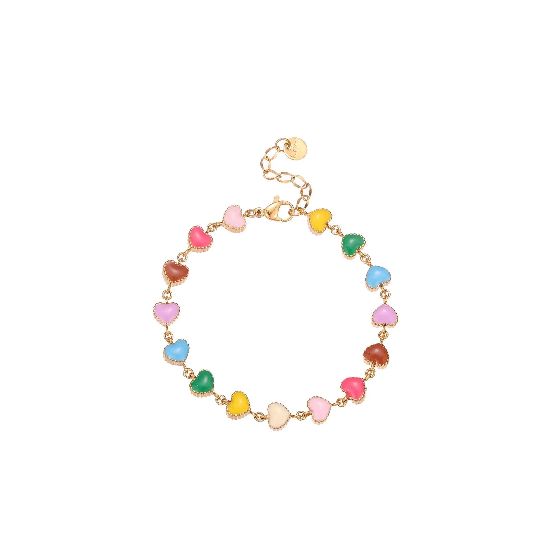 Women's stainless steel bracelet with love heart pendant featuring colourful oil finish in gold or steel colour