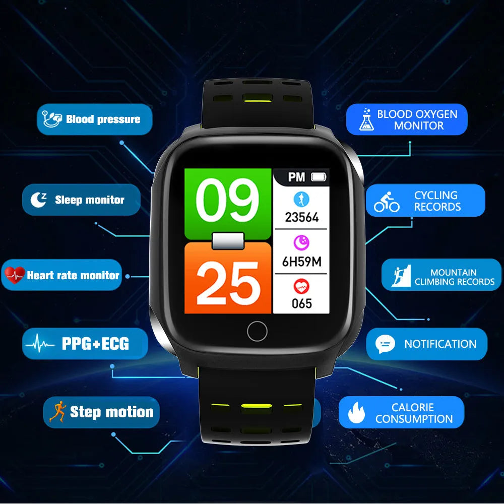 F16 Smart Watch in black grey colour on a silicone wristband, showing the IPS touchscreen display.
