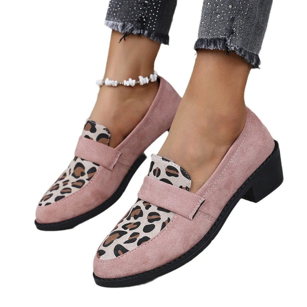 Leopard print slip-on suede pumps with chunky heels and pointed toes in brown, khaki and pink colours