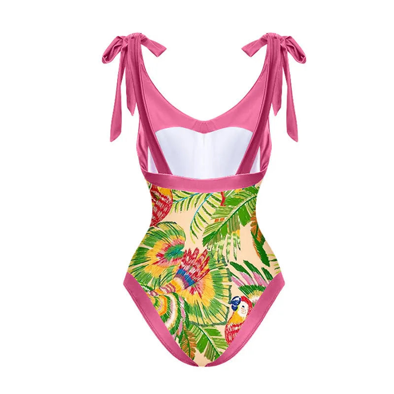 Pink floral print retro women's one-piece swimsuit with V-neck and attached thin skirt