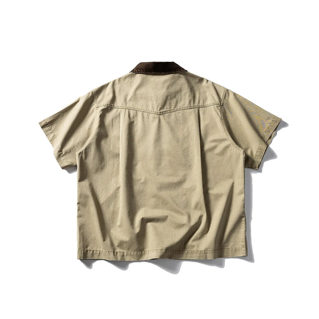 Men's short sleeve cotton overalls shirt in loose cardigan style, khaki colour option