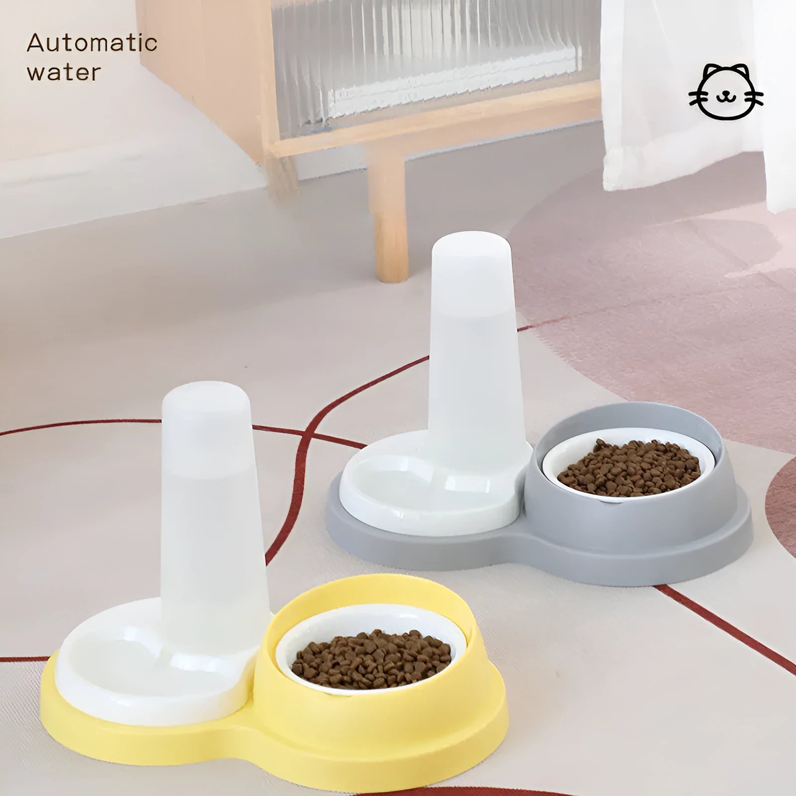 Grey and yellow dual ceramic bowl pet feeder with raised neck protection and non-slip base.