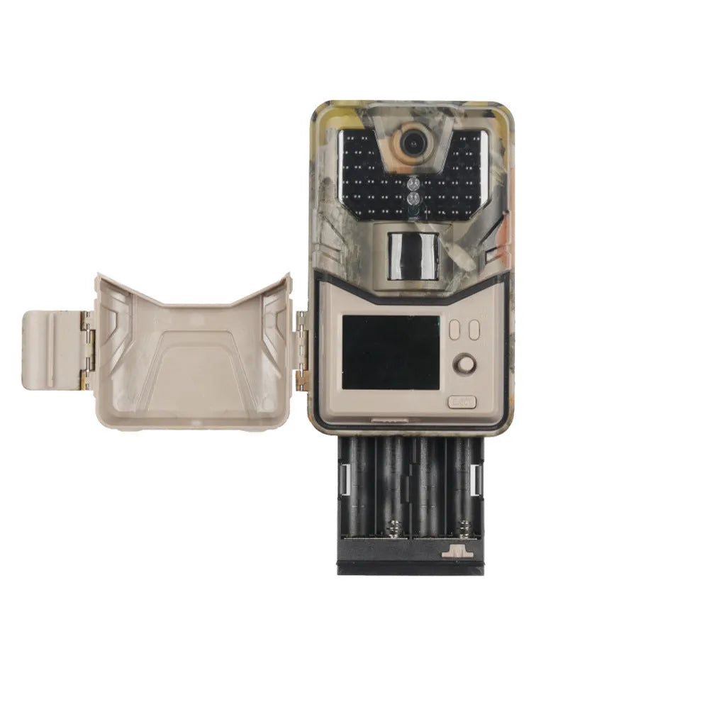 Outdoor Bluetooth hunting trail camera with camouflage finish and infrared LEDs for night vision.