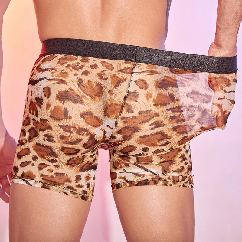 Men's leopard print boxer shorts made from nylon fabric, shown laid flat.
