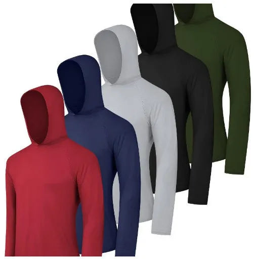 Men's lightweight polyester hoodie four-piece set in multiple colours showing hooded and non-hooded styles.