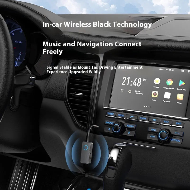 Black Bluetooth 5.4 audio adapter with a 3.5mm plug for wireless streaming to car stereos and headphones