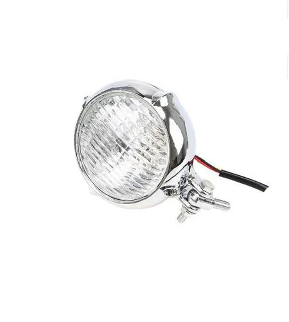 Black retro motorcycle headlight with 8 cm diameter lens and cast aluminium housing