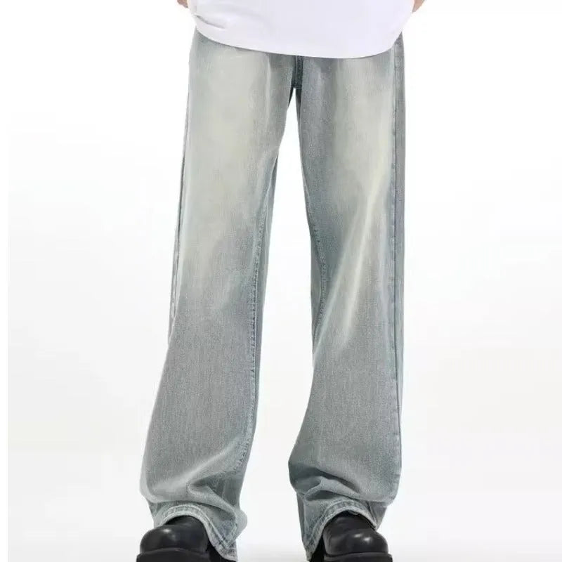 Blue retro loose-fit casual trousers with an elastic waistband, made from rabbit fur fabric.