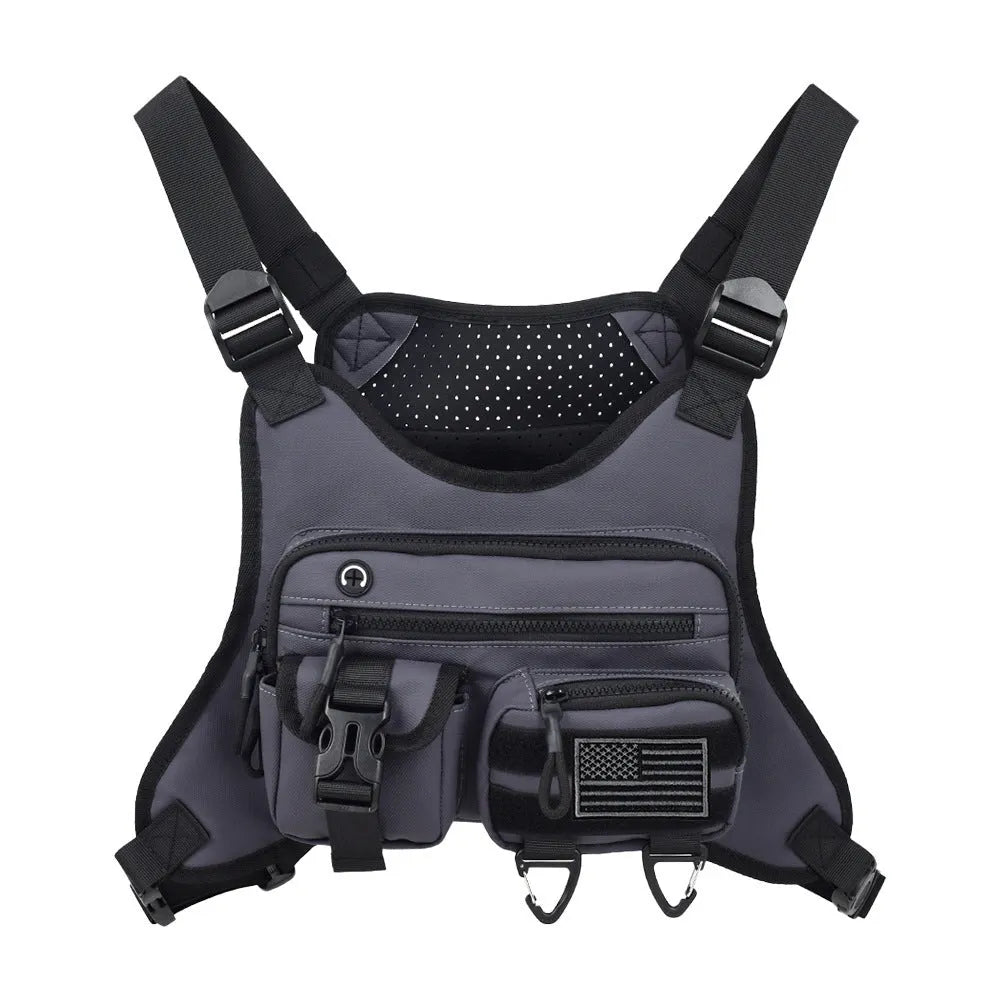 Black Oxford cloth chest bag with breathable vest straps and visible stitching.