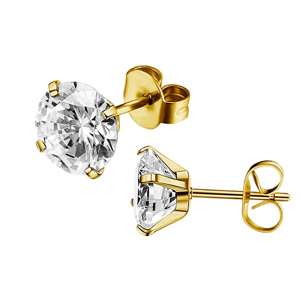 Titanium steel geometric square zircon stud earrings in gold and steel colours with size options from 2mm to 8mm.