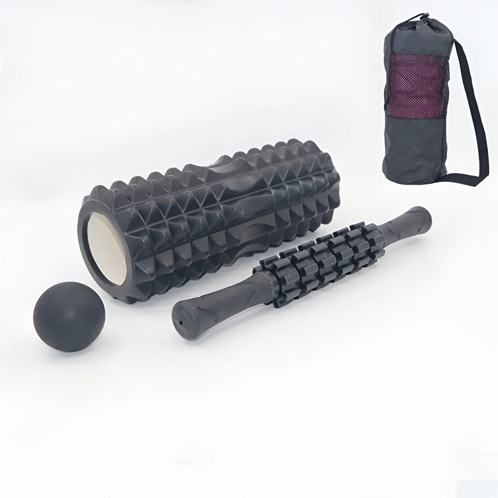 Black fitness foam roller massage bar measuring 33cm long on a plain background.