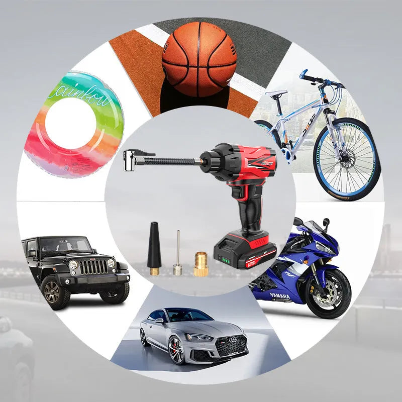 Red and black portable car tyre inflator with wireless charging and 12V cigarette lighter connection