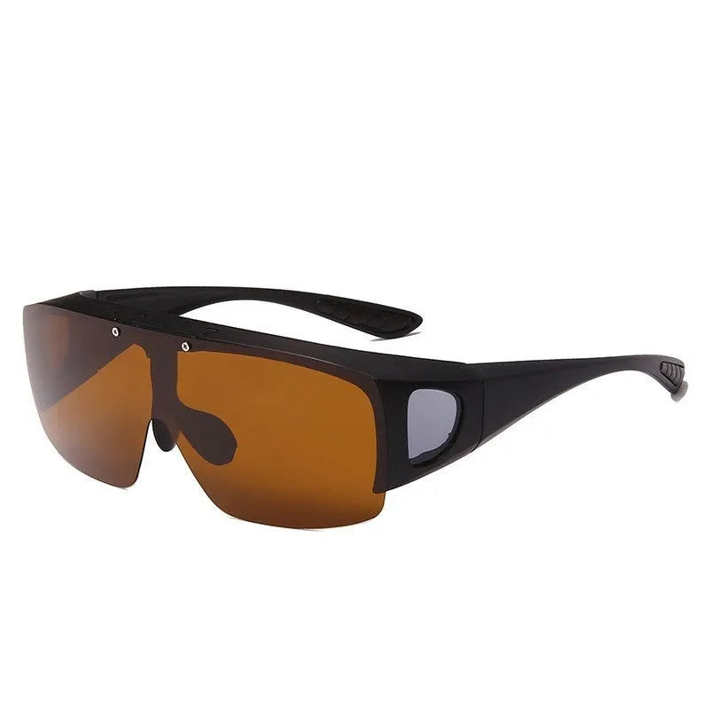 Polarised sports sunglasses with one-piece myopia glasses design for outdoor activities.
