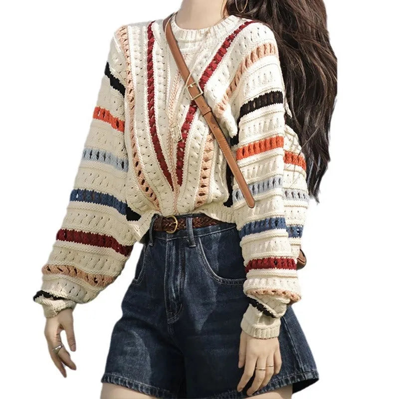 Rainbow striped sweater with batwing sleeves in loose fitting retro casual style