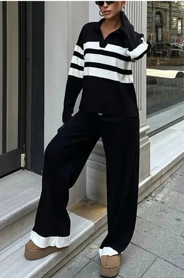 Women's black knitted two-piece set with polo collar and striped contrast colour design