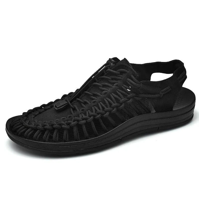 Woven Roman-style sandals with elastic drawstring tie and non-slip rubber sole