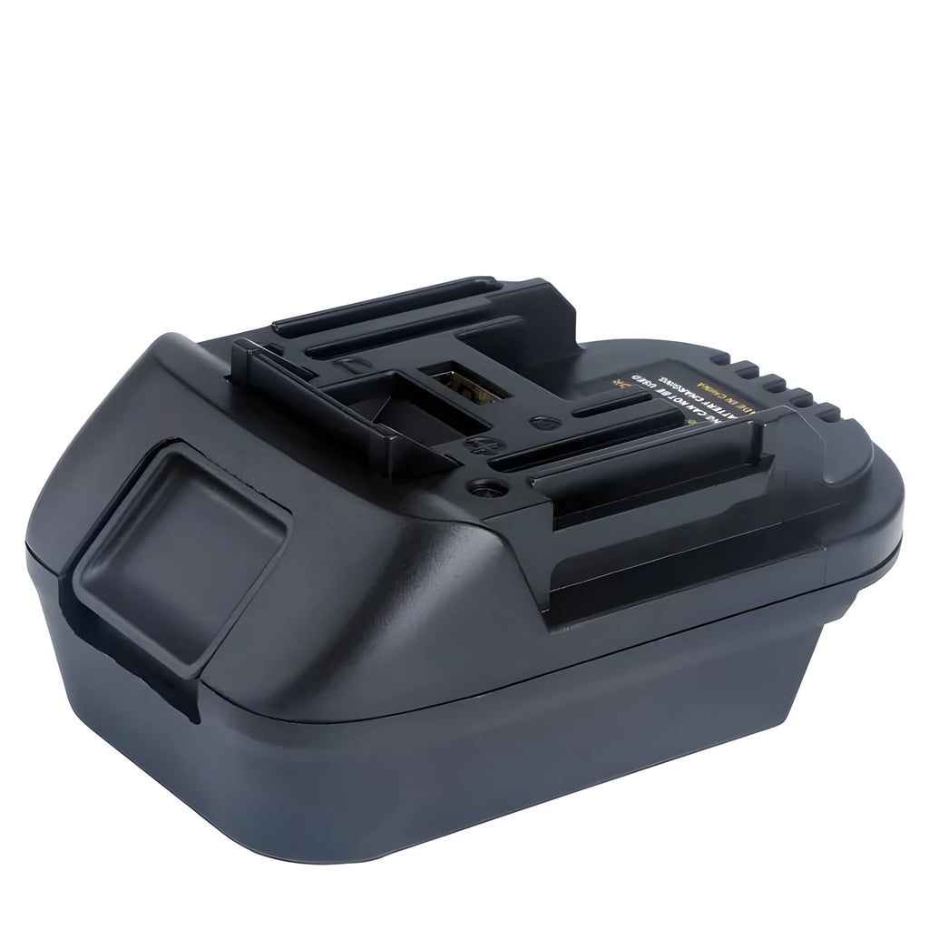 Black Milwaukee to Makita battery adapter showing conversion connection points for power tools