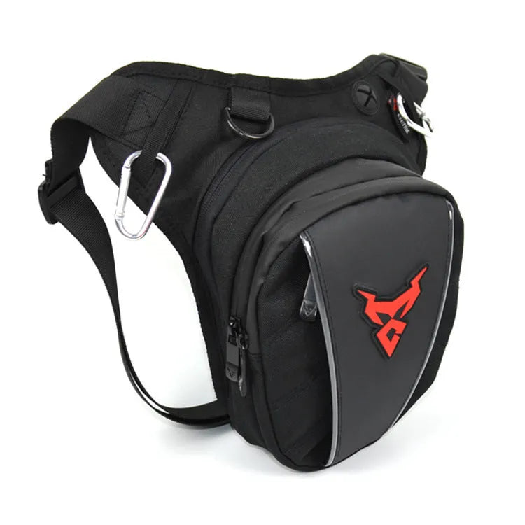 Motorcycle leg bag in red blue green grey colours with adjustable depth and crossbody shoulder waist carry options