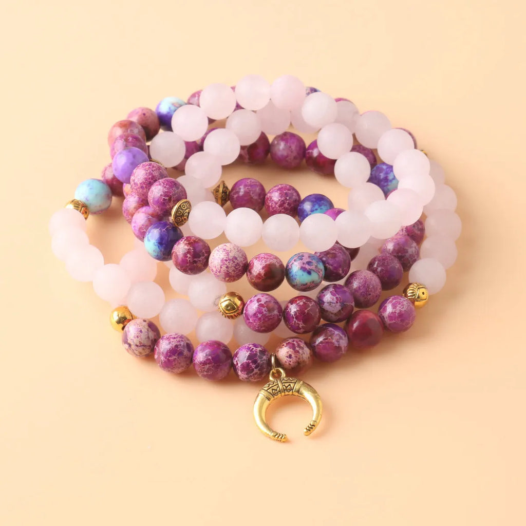 Round pendant necklace with pink crystal emperor stone and personalised bead design on chain