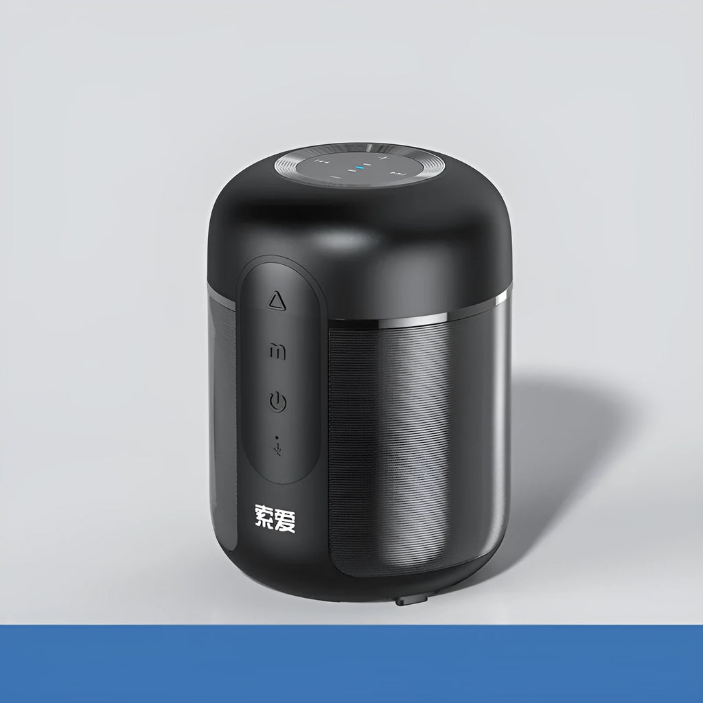 Compact black portable Bluetooth speaker showing front grille and measuring 72mm by 99mm.