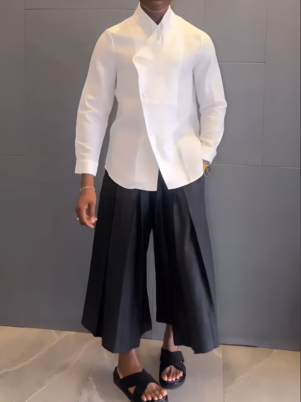 White asymmetric long sleeve shirt and black pleated trousers casual outfit set