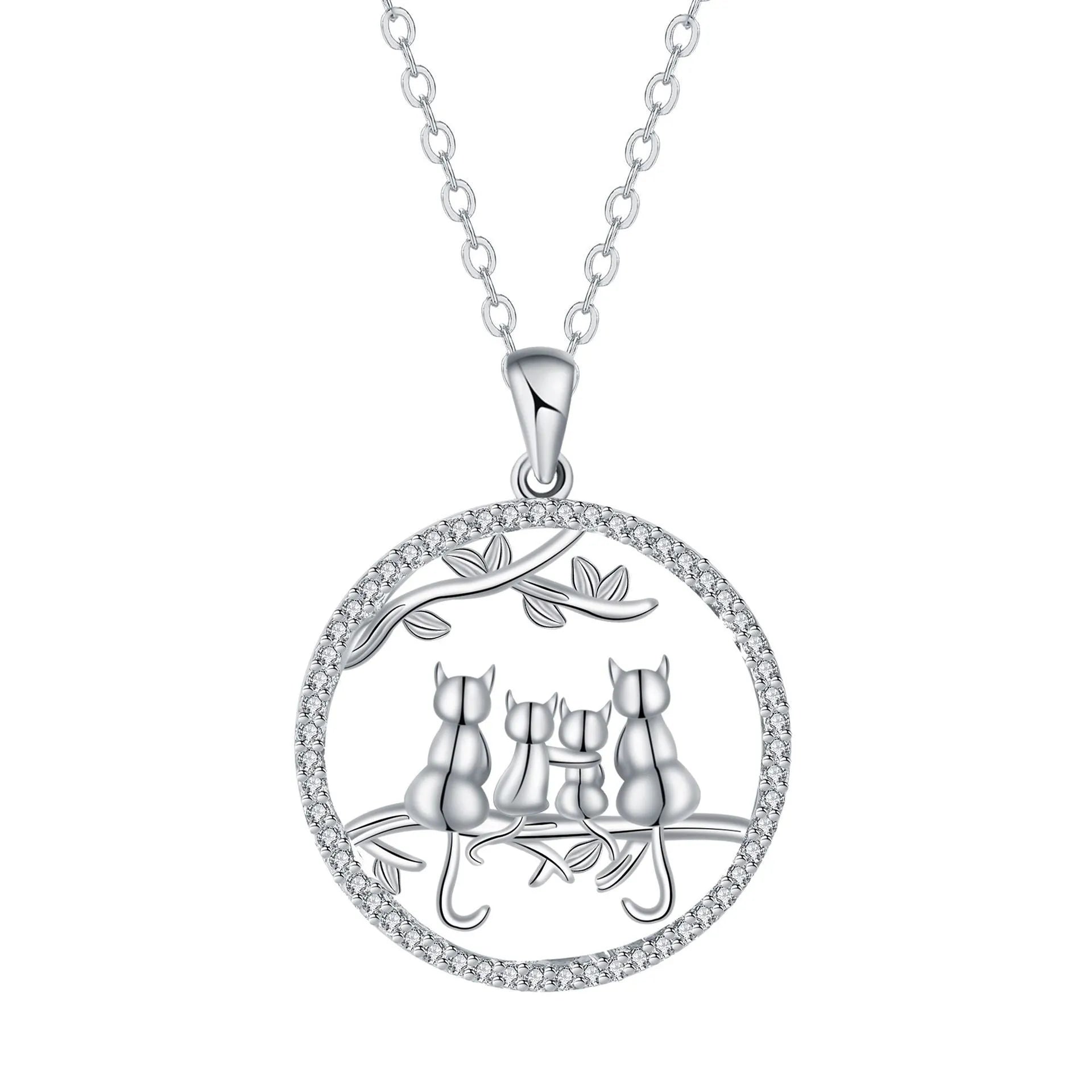 Copper necklace with electroplated four kitten pendant and cross chain.