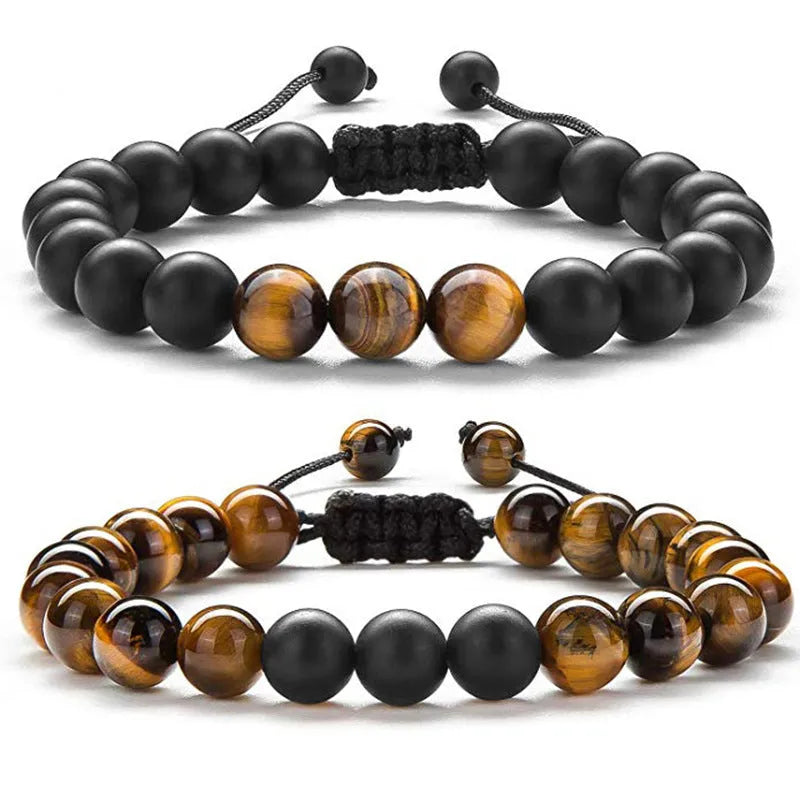 Matte black tiger eye agate couple bracelets with geometric bead modelling