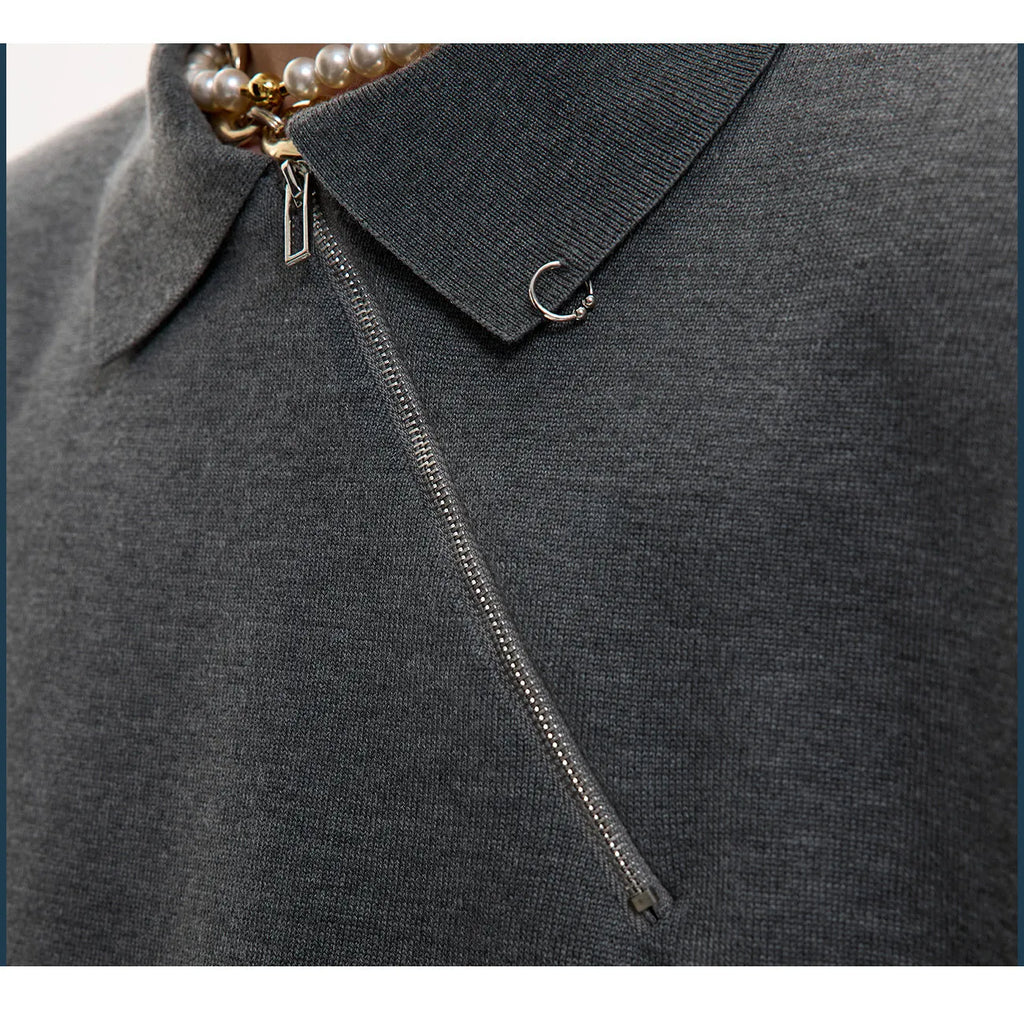 Men's black slim-fit knitted polo shirt with oblique zipper and lapel collar
