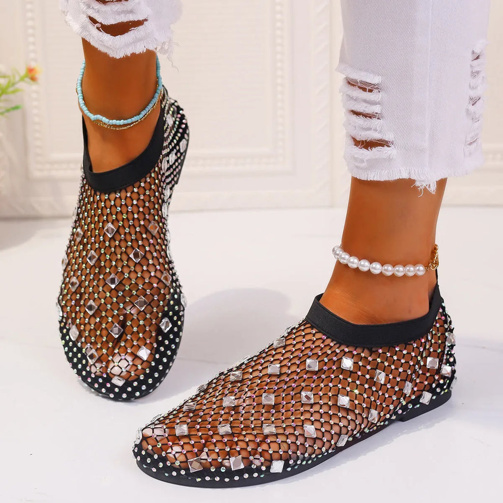 Women's flat sandals with mesh upper and colourful rhinestone decoration, round toe design