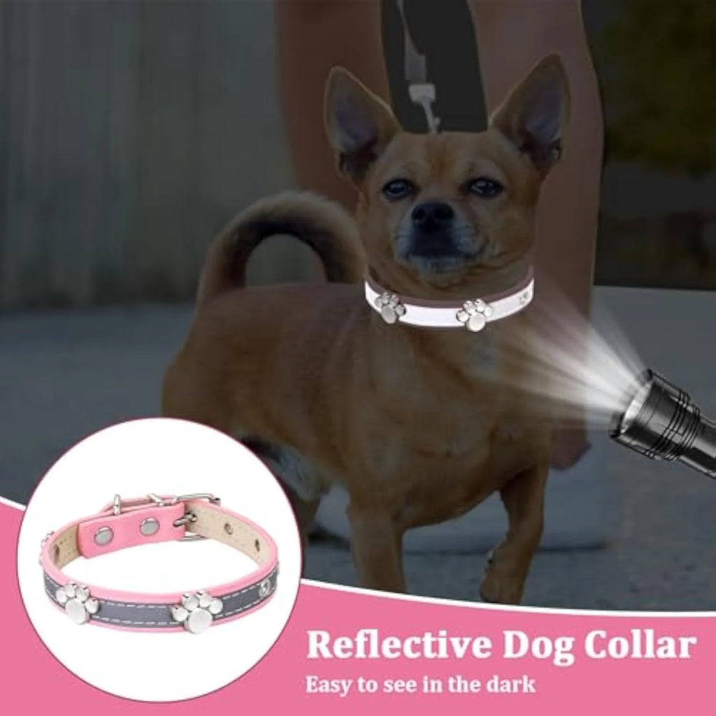 Reflective brown leather dog collar with metal buckle and cute paw-shaped rivet detail.