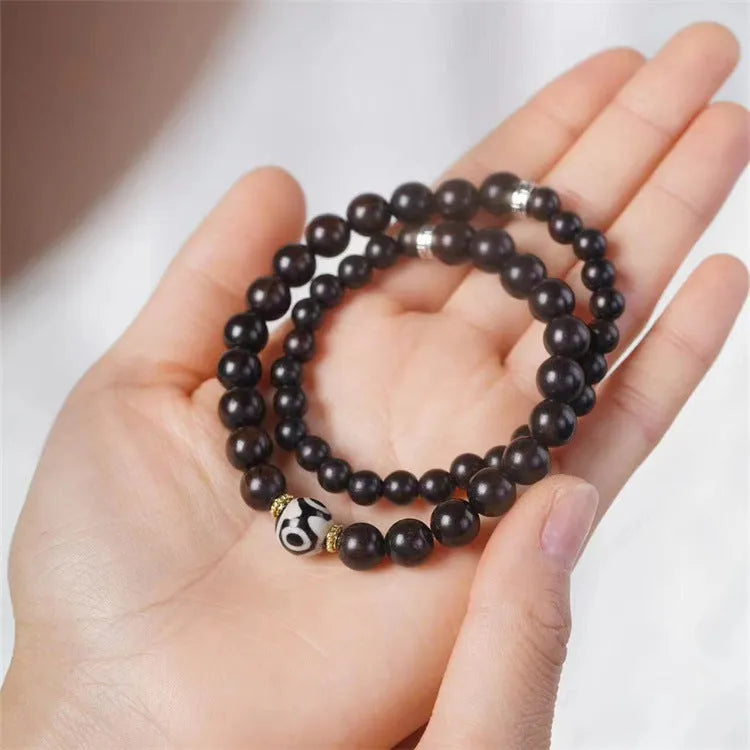 Ebony wooden Tibetan beads bracelet with two circles in 8mm unisex design