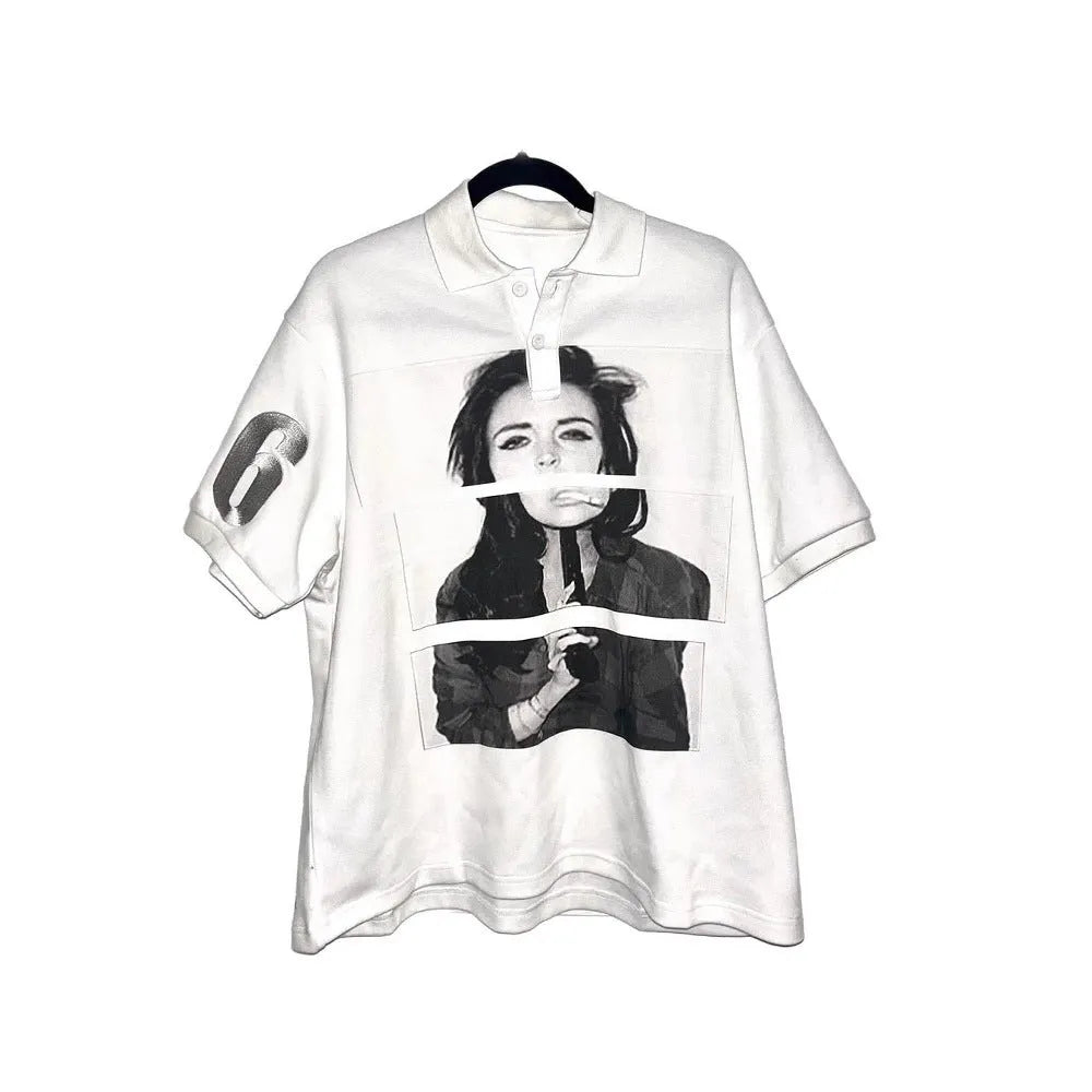 Short-sleeved polo t-shirt with a printed pattern in a choice of colours on a mannequin.