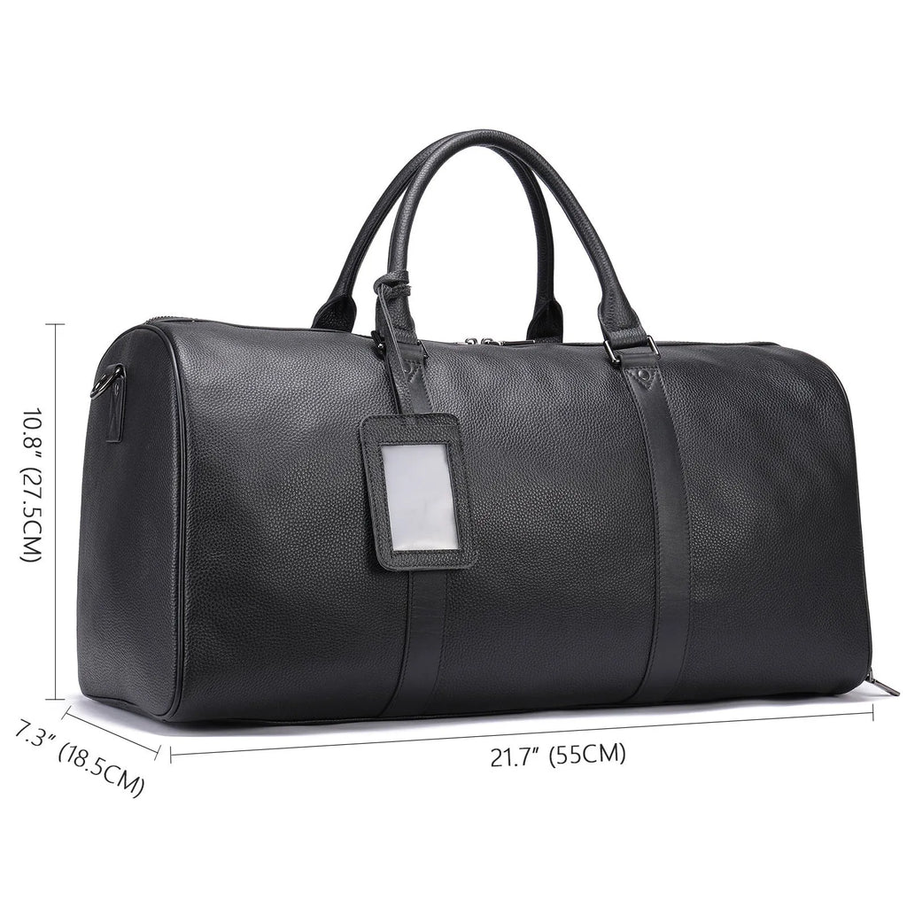 Men's black leather tote bag with single shoulder strap showing large capacity interior