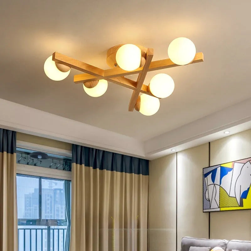 Wooden style Nordic ceiling light with three lamp heads for living room illumination