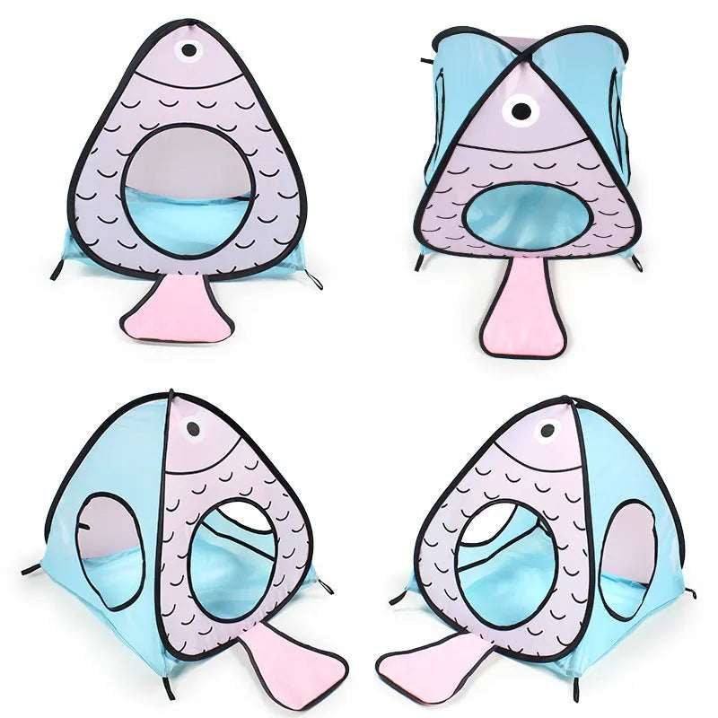 Foldable grey pet tent and tunnel set with cat and fish illustrations for indoor cat play.