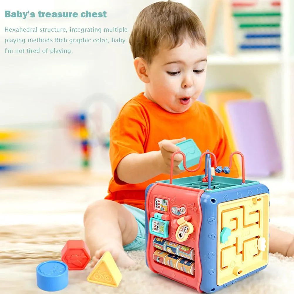Baby hexahedron educational toy with six Montessori activity panels including bead maze and gear connections