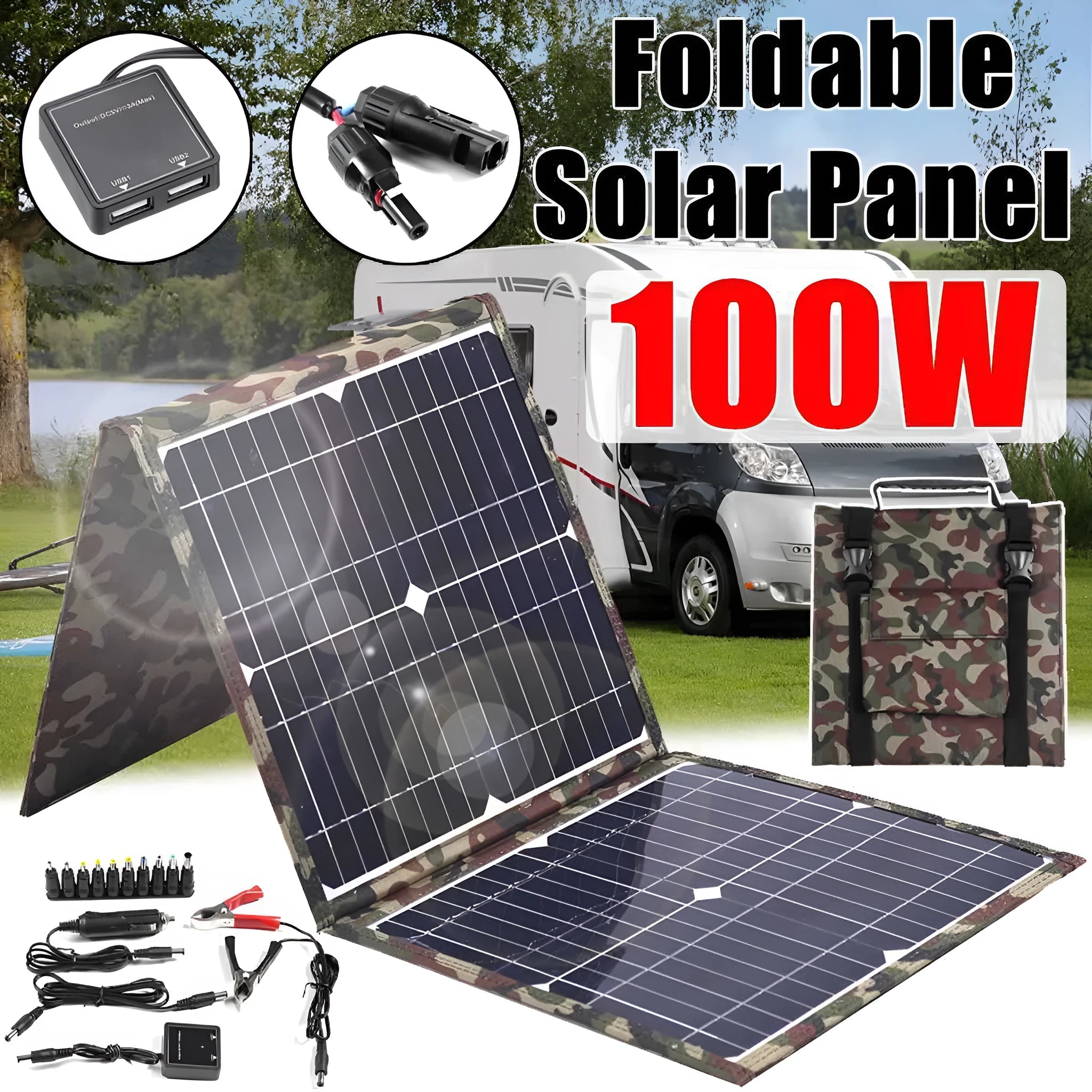 Black foldable solar panel with three monocrystalline silicon cells, car charger, and USB hub accessories
