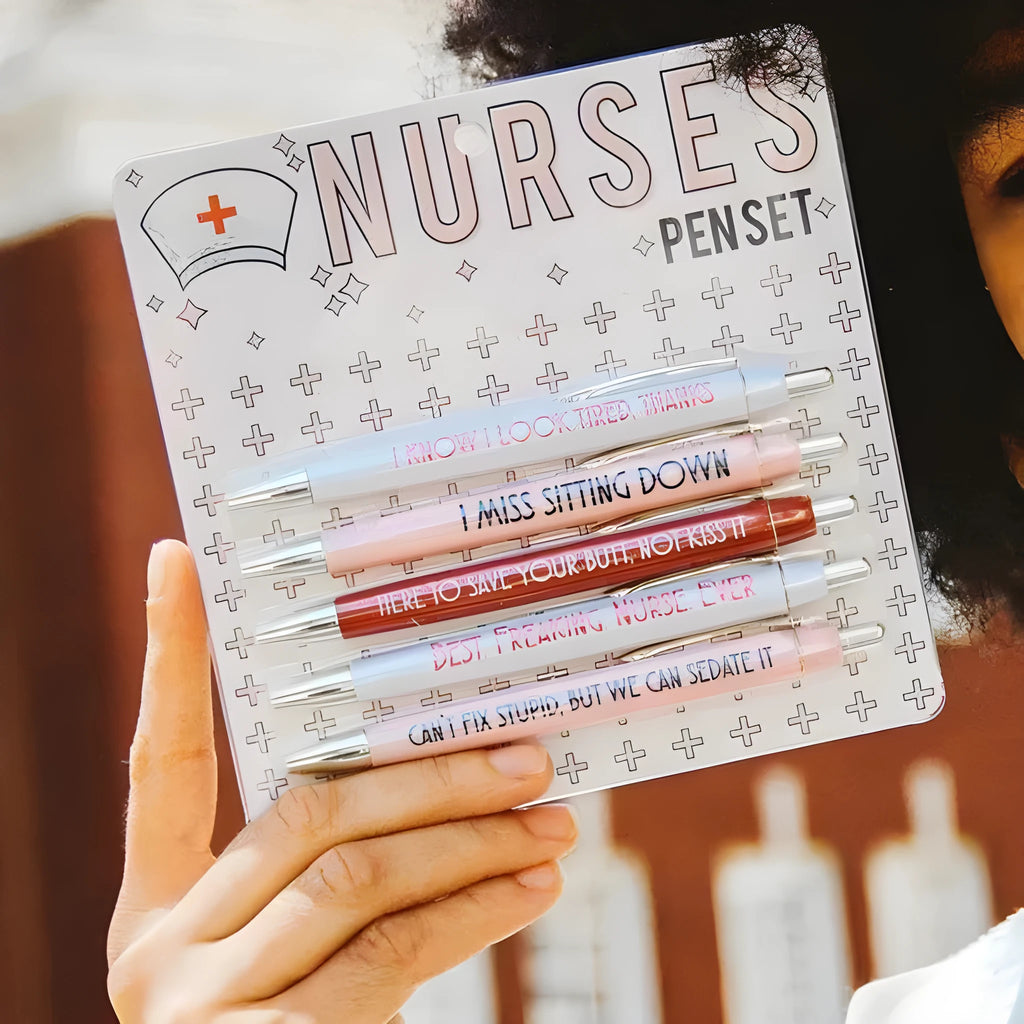 Set of five nurse-themed retractable ballpoint pens with medical text printed on plastic barrels