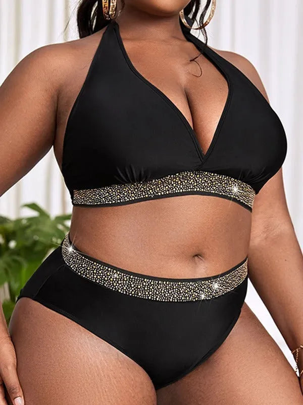 Black women's plus size bikini set with bra and shorts for swimming
