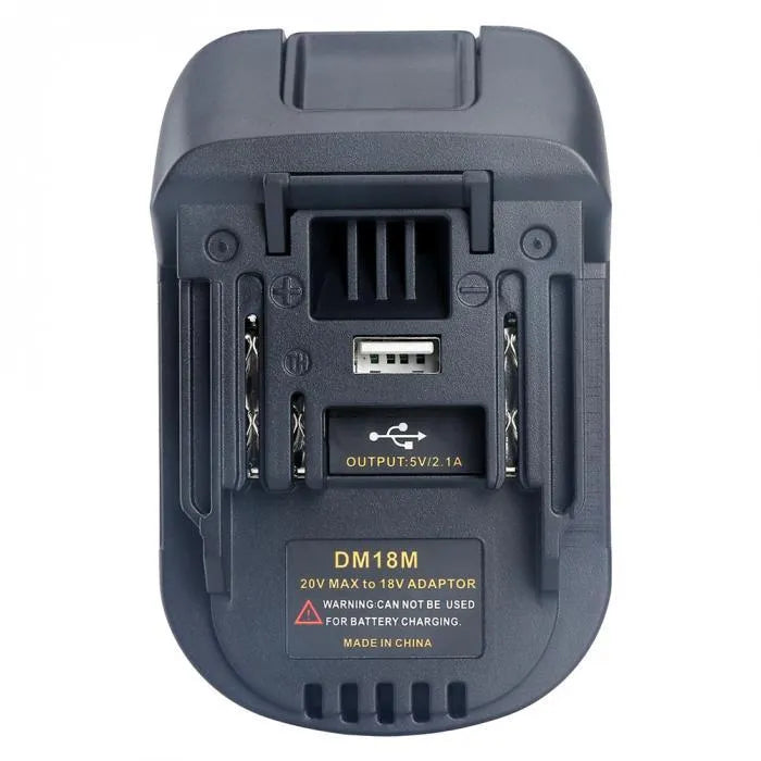 Black Milwaukee to Makita battery adapter showing conversion connection points for power tools