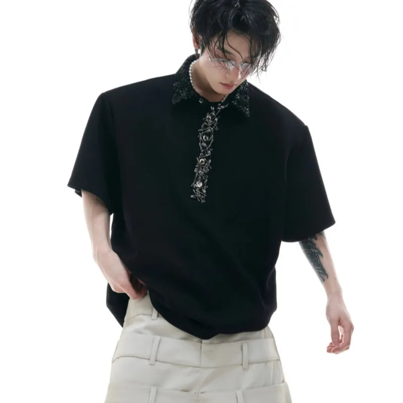 Men's loose fit square collar polyester polo t-shirt in black, grey, or white