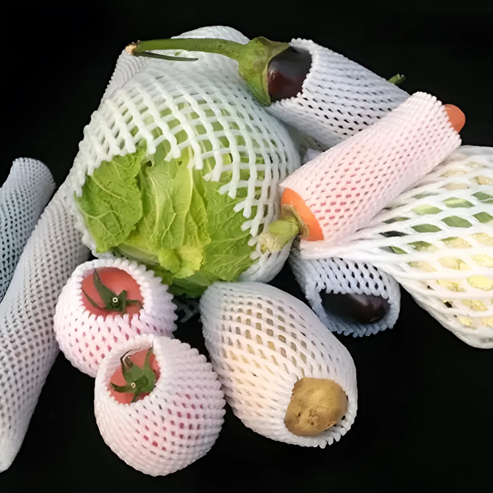 White foam net covers for fruit protection in multiple sizes on various fruits